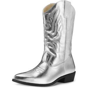 mysoft Women's Silver Western Cowboy Boots Mid Calf Pointed Toe Cowgirl Shoes